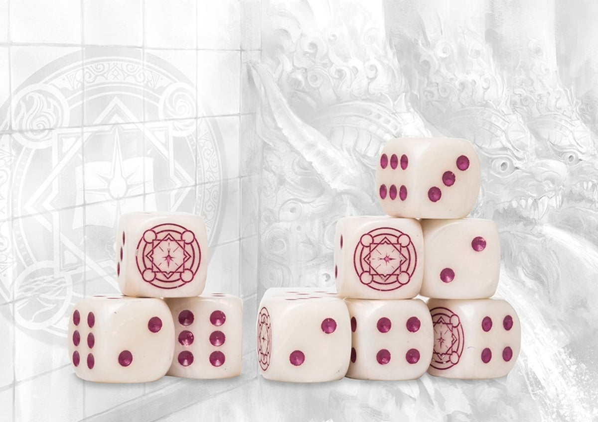 Sorcerer Kings Logo on Ivory Marbled Dice with Magenta Pips- 24 per pack