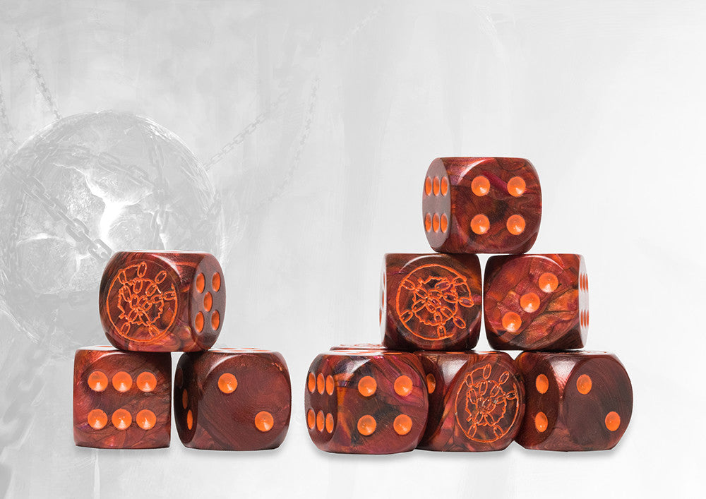 Dweghom Logo on Red Marbled Dice with Orange Pips - 24 per pack