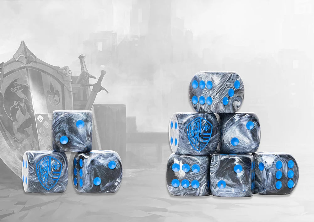Hundred Kingdoms Logo on Grey Marbled Dice with Navy Pips - 24 per pack